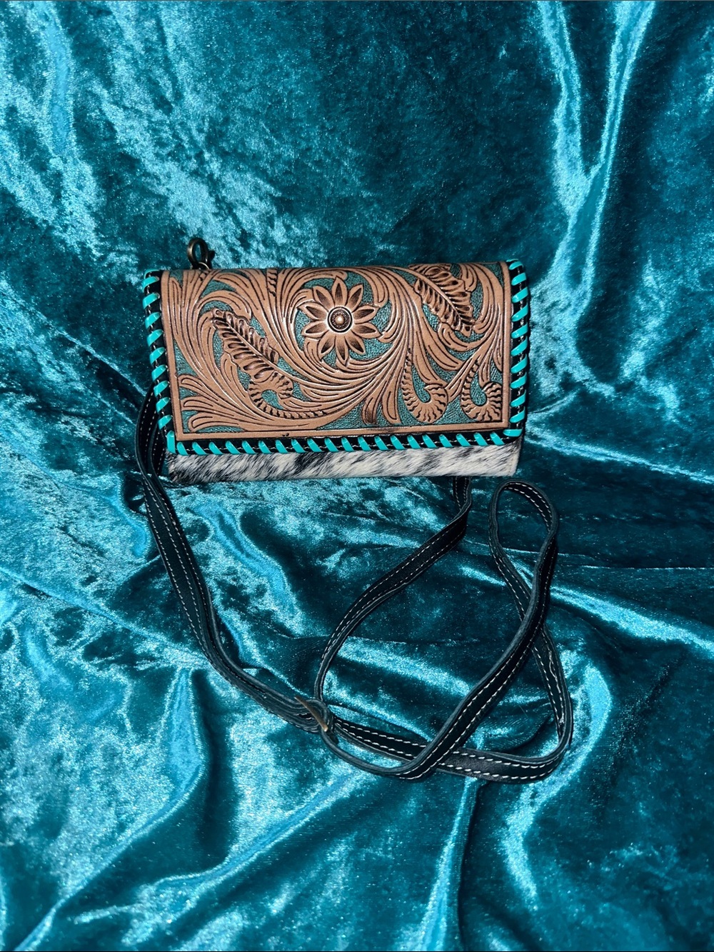 Handcrafted Tooled Leather Crossbody Bag in Turquoise and Brown